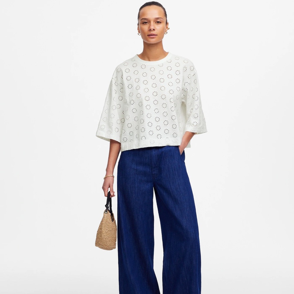 New - Madewell White Embroidered Wide-Sleeve Boxy Tee - Picture 3 of 8